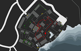 „Detaillierte NPC-Gruppen-Analyse der Stealth Kill Challenge (SKC). Strategische Übersicht der NavMesh-Routen vor dem Erreichen des Hauptziels: Rote Zone (Juggernaut-Gruppe), Gelbe Zone (Platzhalter-KI) und Grüne Zone (Hauptziel-Gruppe). Optimale Pfadplanung für die verbleibenden 5 NPCs der Hauptziel-Gruppe zur Sicherung des Full-Clear-Status.“