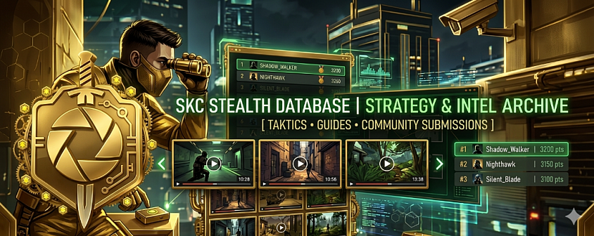 &bdquo;Header-Banner der SKC Stealth Database mit einem goldenen Archiv-Pionier-Badge, einer Video-Galerie f&uuml;r Community-Taktiken und dem Leaderboard f&uuml;r Stealth-Kill-Challenges in einer futuristischen Cyberpunk-Optik.&ldquo;